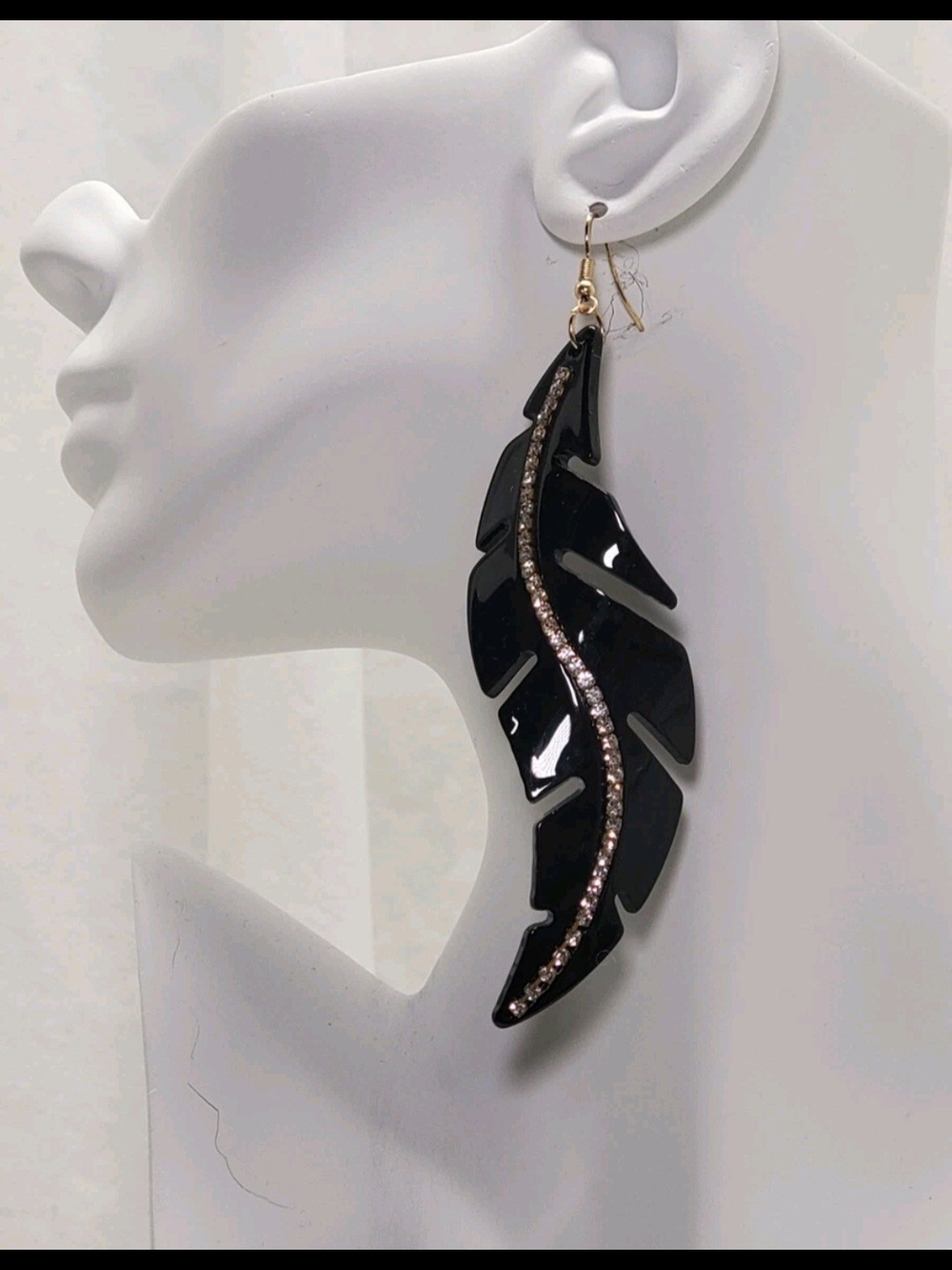 Black Shiny 4 Inch Drop Dangle Feather Acrylic Earring Set W/Crystal Trim.